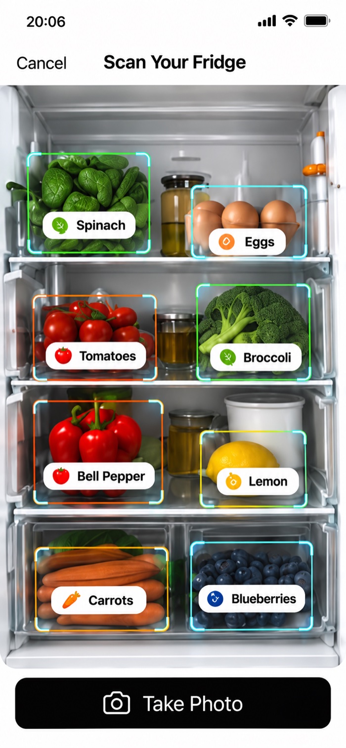 Fueli fridge scan screen automatically recognizing spinach, eggs, tomatoes, broccoli, and other ingredients from a photo