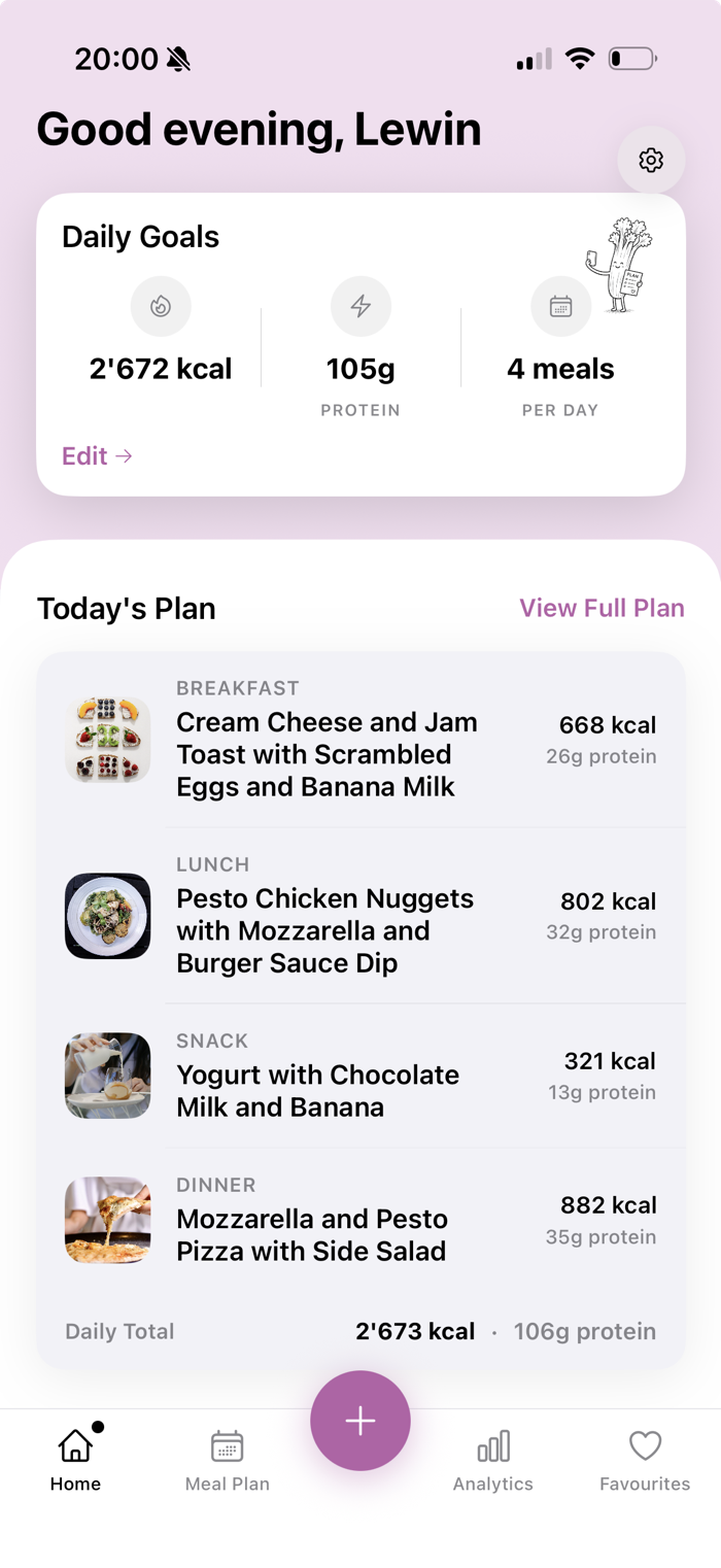 Fueli home screen showing daily calorie and protein goals and today's meal plan